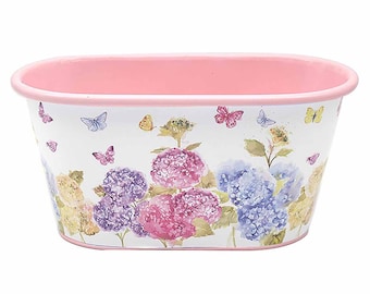 Butterfly Blossom Oval Planter, Planter for Fairy Garden, Metal Pink Planter, Hydrangea Flower And Butterfly Planter, The Fairy Garden UK