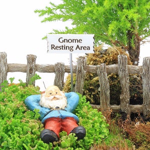 Resting Gnome and Sign, Fairy Garden Gnome, Mini Gnome Figure, Fairy Garden Accessory, The Fairy Garden