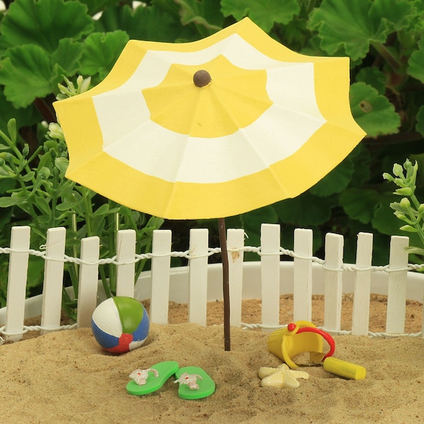 Beach Umbrella Set, Fairy Garden Beach Themed Set,  Striped Umbrella, Beach Ball, Fairy Flip Flops, Bucket, The Fairy Garden UK