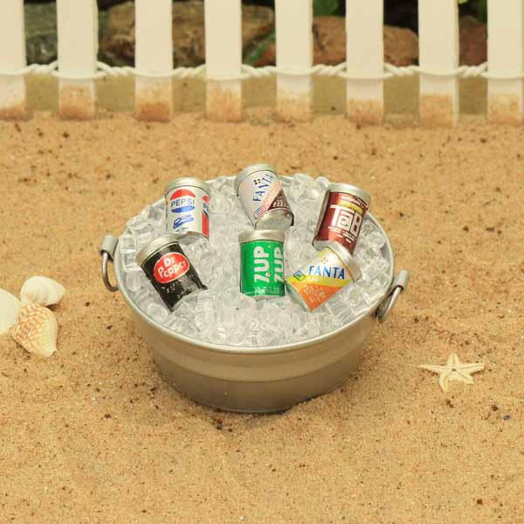 Silver Ice Bucket and 6 Cans of Drink, Soda Cans, Tiny Ice Cubes