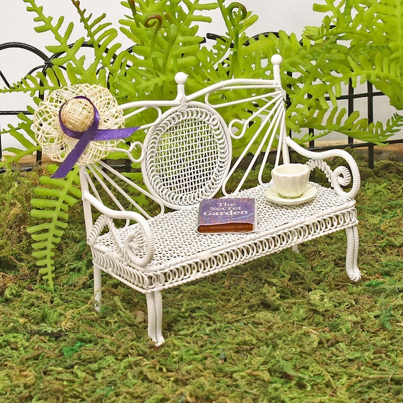 Lazy Days White Garden Bench Purple Collection with sunhat tiny book teacup and saucer Fairy Bench Fairy Garden Furniture