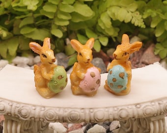 Set of 3 Tiny Easter Bunnies With Easter Egg, Bunny and Coloured Eggs, Fairy Garden Easter Themed Miniature , The Fairy Garden UK