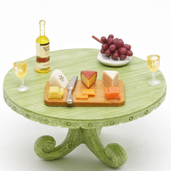 Cheese Platter, Wine Bottle & Glasses, Bunch of Grapes, Fairy Garden Cheese and Wine, Doll House Cheese Board, 1/12th Scale Cheese Board