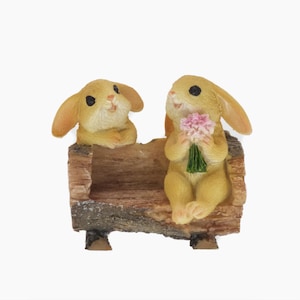 Mini Log Bench with Tiny Bunnies, Romantic Rabbits, Valentine Bunnies, Bunny With Flowers,  Fairy Garden Accessory, The Fairy Garden UK