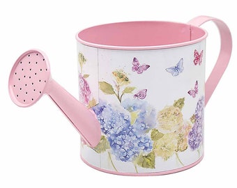 Butterfly Blossom Watering Can Planter, Metal Pink Watering Can Hydrangea Flower And Butterfly Planter, The Fairy Garden UK