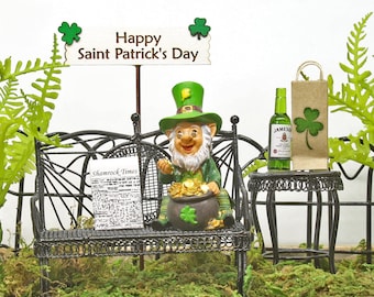 St. Patrick's Day Leprechaun Collection, Miniature Sitting Leprechaun, Sign, Newspaper, Jameson Whiskey Bottle, Glass, The Fairy Garden