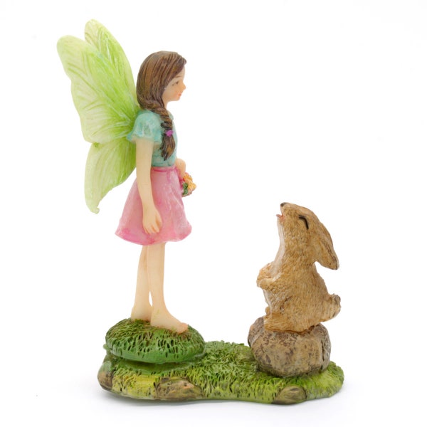 Bumping Into Friends, Fee & Hase Figur, Miniatur Fee mit Hase, Fee mit Hase, Fairy Garden Accessoire, The Fairy Garden UK