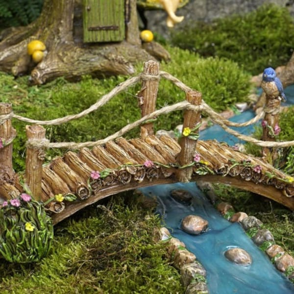 Bridge with Blue Bird, Rope Bridge, Log Effect Bridge, Fairy Garden Bridge, Fairy Garden Accessory, Miniature Bridge, The Fairy Garden UK