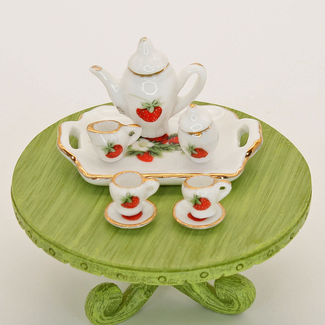 Strawberry Design China Tea Set, Miniature Fairy Garden Tea Set, Dolls