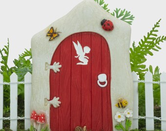 Fairy Door, Blue or Red Option, Has Fairy Cutout, Ladybird, Bumble Bee, Butterfly Detail, Miniature Fairy Garden Door, The Fairy Garden UK