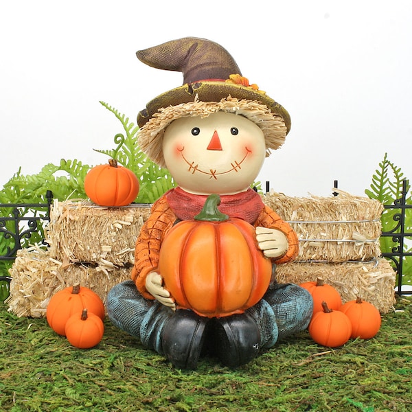 Harvest Scarecrow With Pumpkin, Sitting Scarecrow With Pumpkin, Autumn Scarecrow And Pumpkin, Fall Scarecrow, The  Fairy Garden UK
