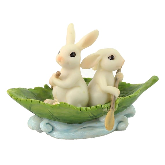 Boating Bunny Buddies, Two Bunnies in a Little Leaf Boat, Easter Bunnies,  Fairy Bunnies, the Fairy Garden, UK Fairy Garden 