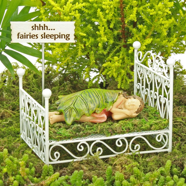 White Fairy Bed with Sleeping Fairy and Sign, Sleeping Fairy, Fairy Bed, The Fairy Garden, UK Fairy Garden, Fairy Garden Accessory
