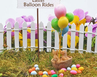 Easter Balloon Rides Bunny, Basket, Coloured Balloons, Sign, Mini Easter Egg, Miniature Easter Fairy Garden Accessory, the Fairy Garden UK