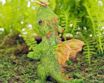 Green Dragon With Little Butterfly, Standing Dragon And Butterfly, Fairy Garden Dragon, Miniature Dragon, The Fairy Garden UK