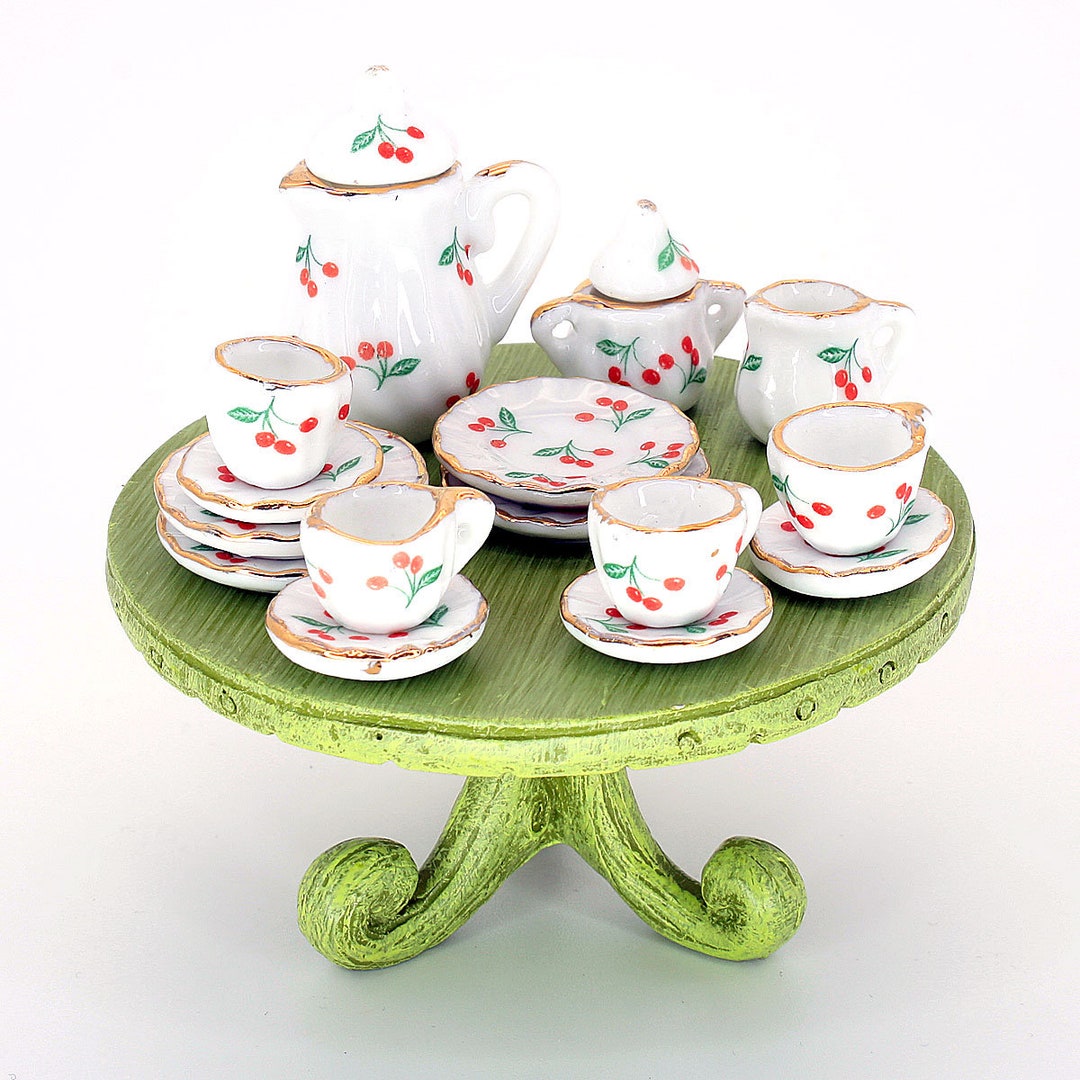 Cherry Design 15 Piece China Tea Set, Miniature Fairy Garden Tea Set