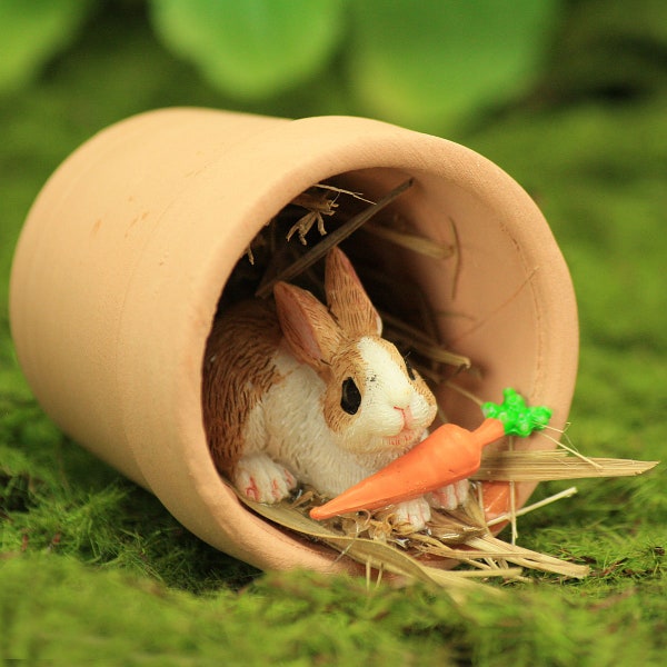 Hiding Bunny with Carrot, Little Bunny Rabbit With Carrot, Bunny in Plant Pot, Fairy Garden Miniature Bunny And Pot, Fairy Garden Accessory