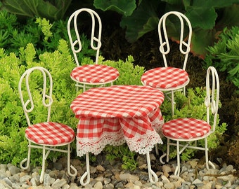 Wire Garden Furniture with Red Gingham Handmade Seat Pads and Table Cloth,  Fairy Garden Furniture, Accessories, Miniature Fairy Furniture