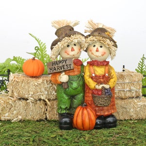 Happy Harvest Scarecrow Couple, Mr & Mrs Scarecrow, Autumn Scarecrow Figures, Halloween Scarecrow Ornament,  The Fairy Garden UK