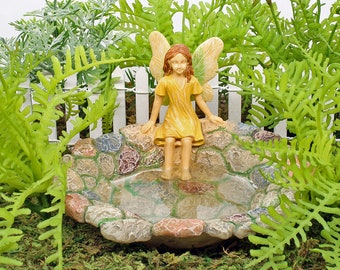 Cooling Off Fairy And Stone Pond, Miniature Stone Pond With Sitting Fairy, Pond With Artificial Water, The Fairy Garden, UK Fairy Garden