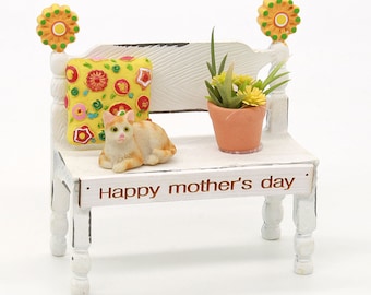 Happy Mother's Day Miniature Bench with Cat, Pillow And Flowers In Pot, Mother's Day Gift, Fairy Garden Accessory, The Fairy Garden UK