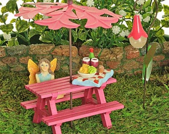 Fuchsia Picnic Bench Collection - Sun Umbrella - Glow In The Dark Flower Lantern - Fairy - Tray of Goodies -  Fairy Garden Accessory -