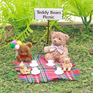 Teddy Bears Picnic, Picnic Blanket and Four Assorted Teddy Bears, MiniatureTeddy Bear, Fairy Garden Accessory The Fairy Garden UK