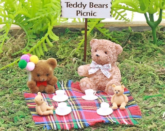 Teddy Bears Picnic, Picnic Blanket and Four Assorted Teddy Bears, MiniatureTeddy Bear, Fairy Garden Accessory The Fairy Garden UK