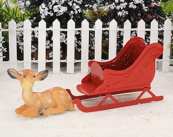 Red Sleigh And Sitting Reindeer, Christmas Sleigh, Miniature Fairy Garden Sleigh & Reindeer, Cake Topper, Dolls House, The Fairy Garden UK