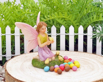 Easter Fairy With Little Yellow Chicks, Miniature Fairy With Little Chicks, Coloured Easter Eggs, Easter Themed Fairy Garden