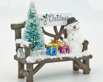 Weihnachtsbank Stil, Miniatur Feengarten Weihnachtsbank, Blockbank mit Baum und Schneemann, Weihnachtsverzierung, Dekoration