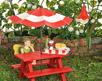 Red Picnic Bench Collection - Sun Umbrella - Glow In The Dark Flower Lantern - Fairy - Cake Tray -  Fairy Garden Accessory -