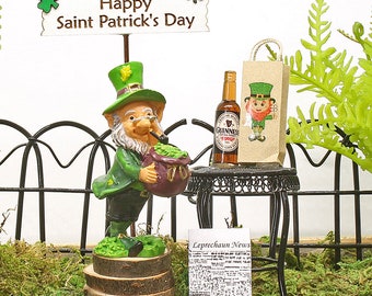 St. Patrick's Day Leprechaun Collection, Miniature Standing Leprechaun, Sign, Newspaper, Guinness Bottle, Table,  The Fairy Garden UK