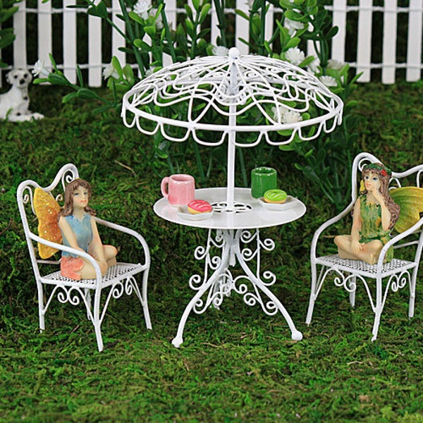 White Wire Table, Parasol & Chairs Set, Fairy Garden Furniture, Fairy Table and Chairs, Fairy Garden Accessory, The Fairy Garden