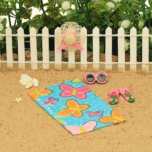 Fairy Beach Essentials, Beach Towel, Sun Hat, Sun Glasses, Flip Flops, Fairy Beach Items, Fairy Garden Accessories, Miniature Beach Garden