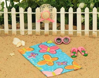 Elementos esenciales de Fairy Beach, toalla de playa, sombrero para el sol, gafas de sol, chanclas, artículos de playa de hadas, accesorios de jardín de hadas, jardín de playa en miniatura