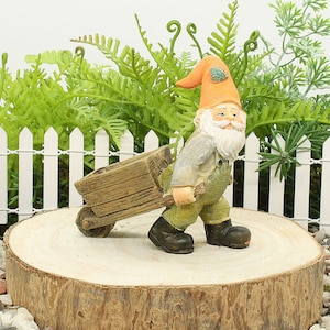Gnome With Wooden Wheelbarrow, Miniature Garden Gnome Figure, Fairy Garden Accessory, The Fairy Garden UK