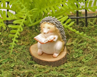 Miniature Hedgehog with Book, Reading Hedgehog, Fairy Garden Accessory, Hedgehog Figure, The Fairy Garden UK