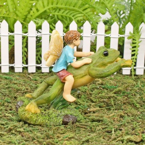 Leaping Frog and Fairy, Boy Fairy Riding Leaping Frog, Miniature Boy Fairy And Fog, Fairy Garden Accessory, The Fairy Garden UK