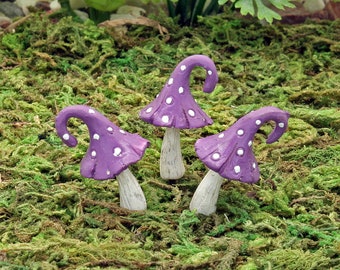 Curly Top Mushrooms, Set of 3 Miniature Fairy Garden Mushrooms, Tiny Purple Mushrooms,  Fairy Garden Accessory, The Fairy Garden UK