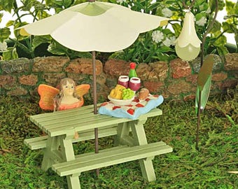 Sage Green Picnic Bench Collection - Sun Umbrella - Glow In The Dark Flower Lantern - Fairy - Tray of Goodies -  Fairy Garden Accessory -