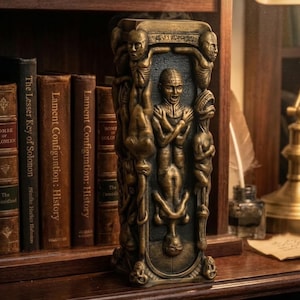 Może przedstawiać: Szczegółowa, brązowa rzeźba z ciemnym tłem, przedstawiająca postacie w różnych pozach. Rzeźba jest eksponowana na drewnianej półce ze starymi książkami. Książki mają tytuły takie jak "Lament Configuration: History" i "The Lesser Key of Solomon".