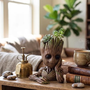 May include: A brown, tree-like character planter with a textured bark finish, featuring a small green succulent growing from the top. The figure has large dark eyes and rests its head on one hand, positioned next to a brass mister and two books.