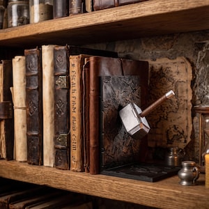 Puede incluir: Un sujetalibros que presenta un martillo de color plateado con un mango marrón incrustado en una base rectangular oscura y texturizada. El sujetalibros está colocado junto a una fila de libros antiguos encuadernados en cuero con texto visible.