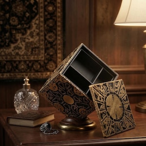 May include: A black and gold puzzle box with intricate designs, open to reveal interior compartments. The box sits on a wooden base, with a detached panel nearby. A book, ring, and perfume bottle are also on the table.