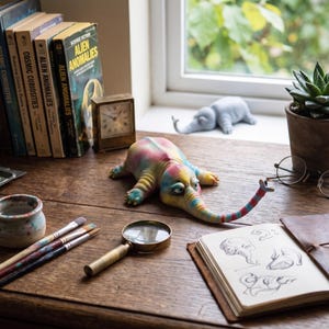Puede incluir: Una figura multicolor con patrón tie-dye de una criatura con una trompa larga y cuatro patas, colocada sobre un escritorio de madera. El escritorio también contiene una lupa, pinceles, una pequeña taza de cerámica y un cuaderno abierto.
