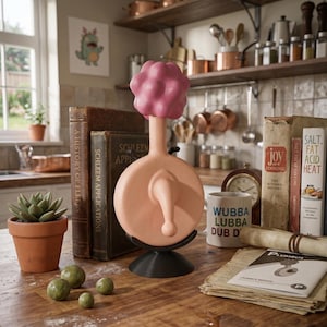 May include: A novelty Plumbus-shaped object with a pink, bulbous top and a light peach-colored body. It sits on a black stand. The background includes cookbooks, a mug with text, and a small succulent in a terracotta pot.