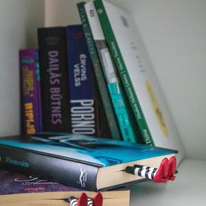 A black bookmark shaped like the Wicked Witch of the West's legs, complete with red shoes and striped stockings, sticking out from  books on a shelf.