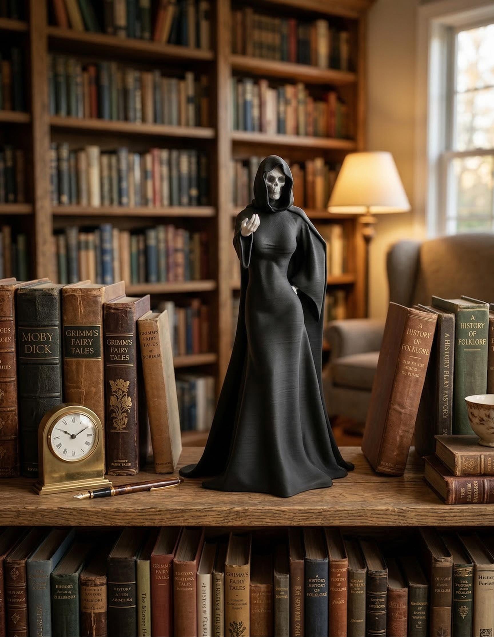 Hand-painted 3D Printed Lady Grim Reaper Figurine – Gothic Desk