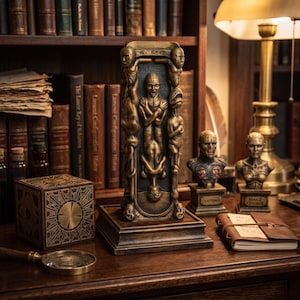 May include: A bronze-toned vertical sculpture featuring a central figure with arms crossed, flanked by smaller figures, mounted on a square base. Beside it are a square puzzle box, two small busts labeled Chatterer and Female Cenobite, and a notebook.